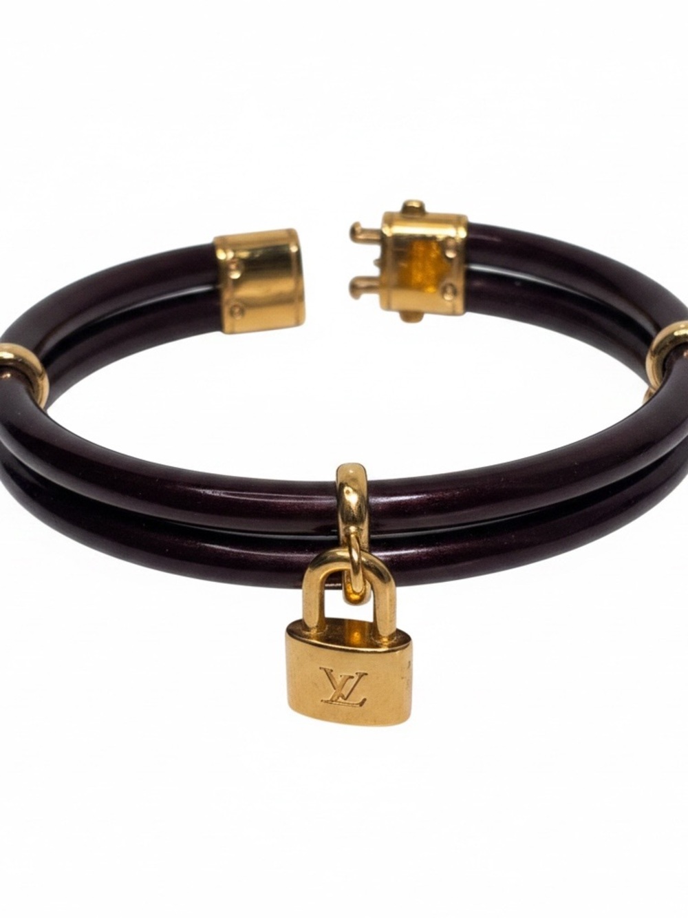 Authentic Louis Vuitton Inclusion Lock Bracelet Burgundy Resin Gold w/ Dust Bag